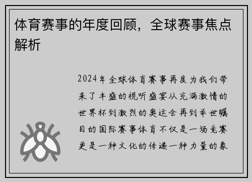 体育赛事的年度回顾，全球赛事焦点解析